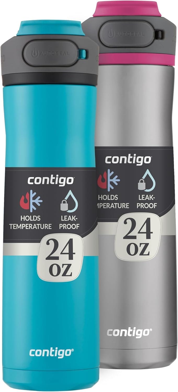 Contigo Cortland Chill 2.0 24oz insulated stainless steel water bottles in Juniper and Dragonfruit.