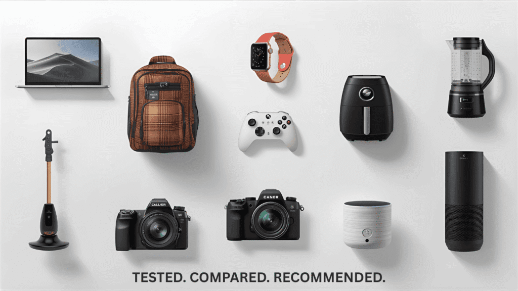 Premium collage of popular tech and home products for global product reviews and buying guides.