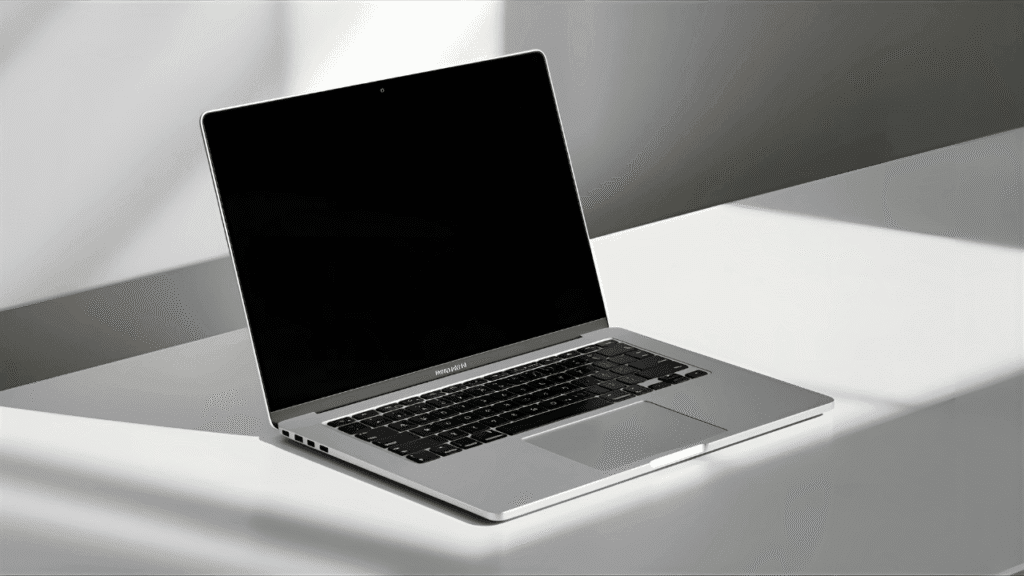 Slim 14-inch thin-bezel ultrabook laptop in metallic silver displayed on a modern desk.