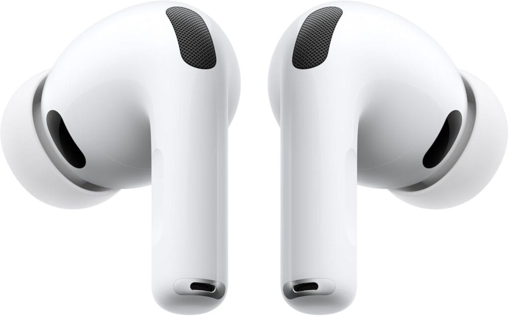 Photoreal image of premium wireless earbuds resembling AirPods Pro 3 with an open charging case.
