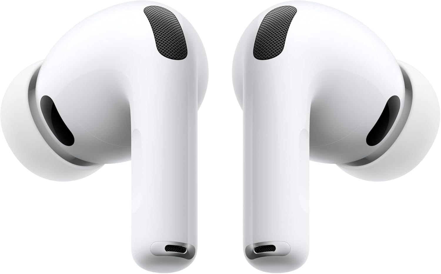 Photoreal image of premium wireless earbuds resembling AirPods Pro 3 with an open charging case.