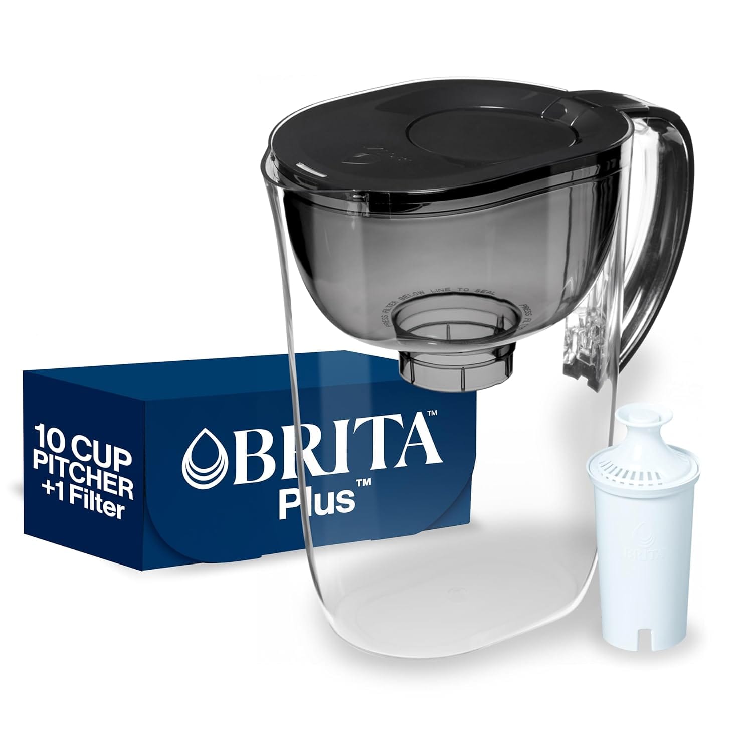 Black Brita 10-cup water filter pitcher on a white kitchen counter in natural daylight.