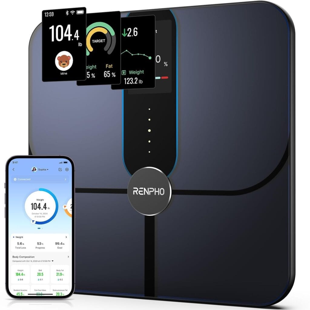 Smart digital body scale with color display resembling RENPHO Elis Nova on a clean studio floor.