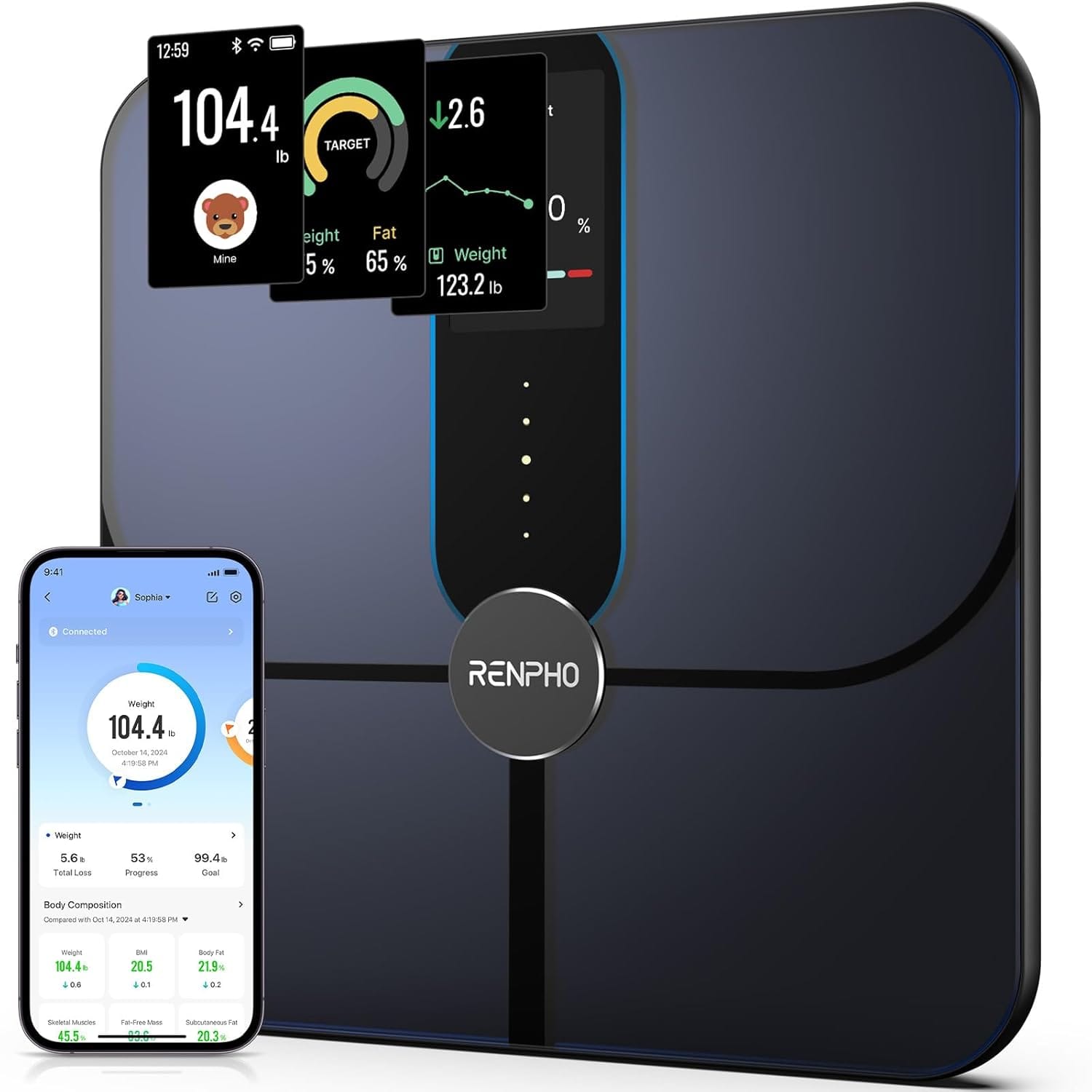 Smart digital body scale with color display resembling RENPHO Elis Nova on a clean studio floor.