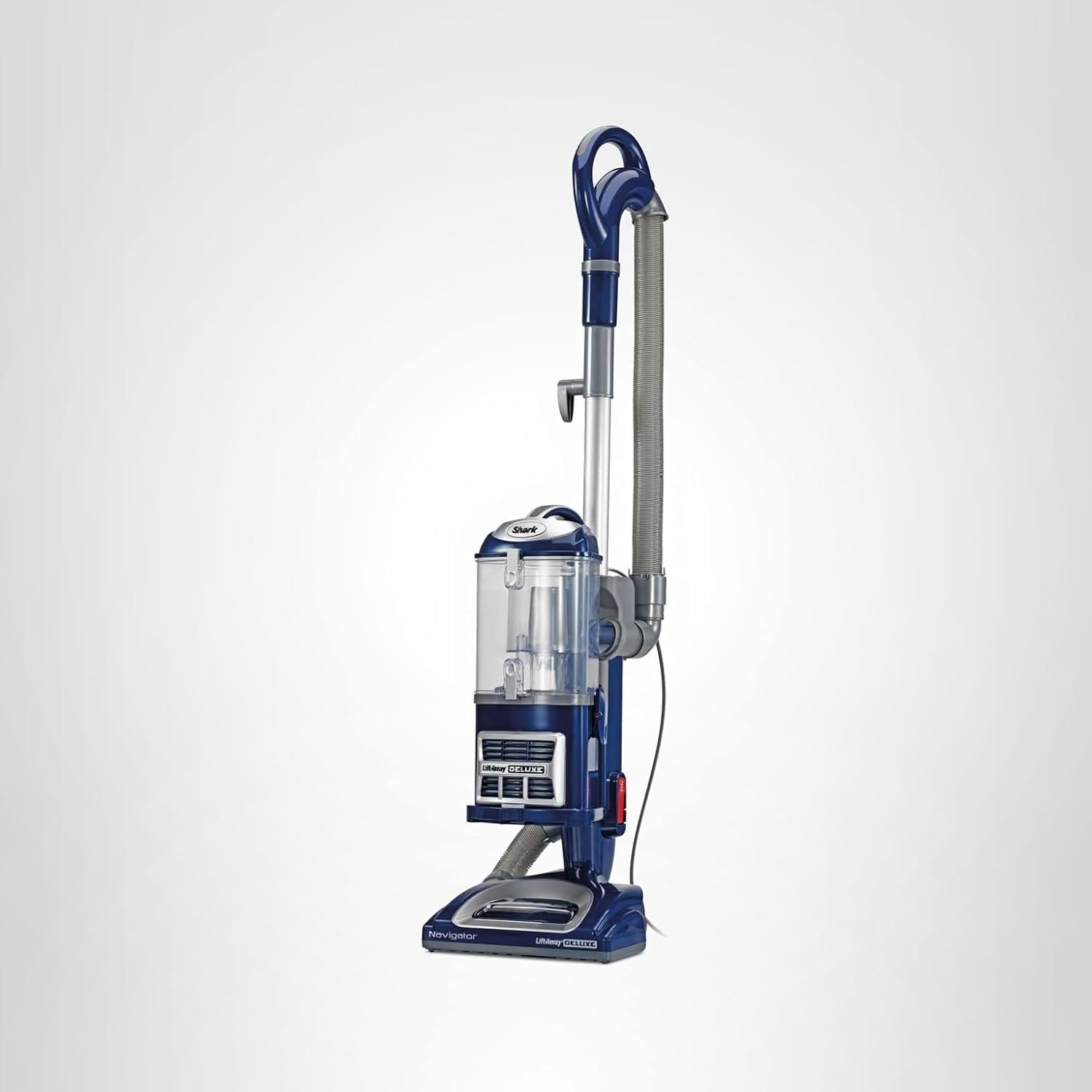 Blue upright vacuum resembling the Shark Navigator NV360 with tools on a clean studio background.
