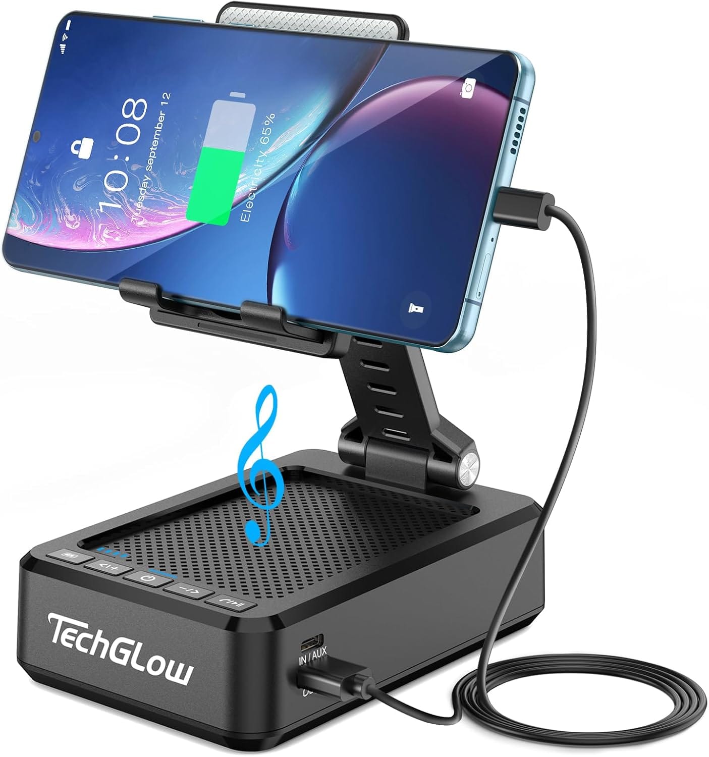 TechGlow foldable cellphone stand with Bluetooth speaker and charging function used as a desk gadget